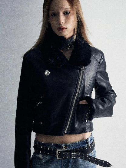 Durable Two Tone Perforated Leather Jacket With Detachable Fur Collar