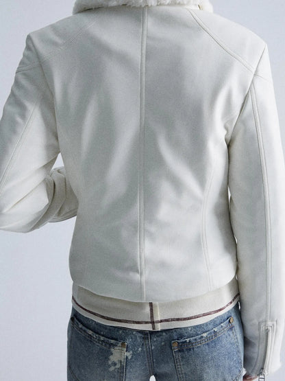 Durable Two Tone Perforated Leather Jacket With Detachable Fur Collar
