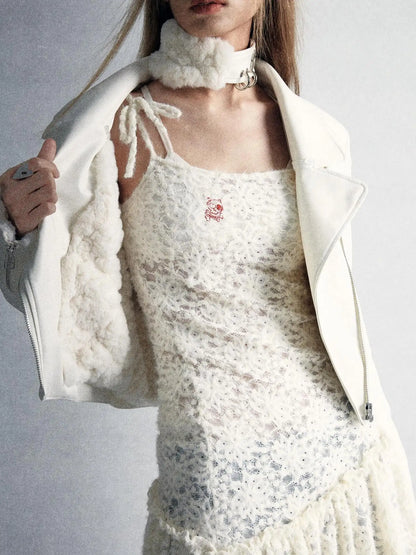 Durable Two Tone Perforated Leather Jacket With Detachable Fur Collar