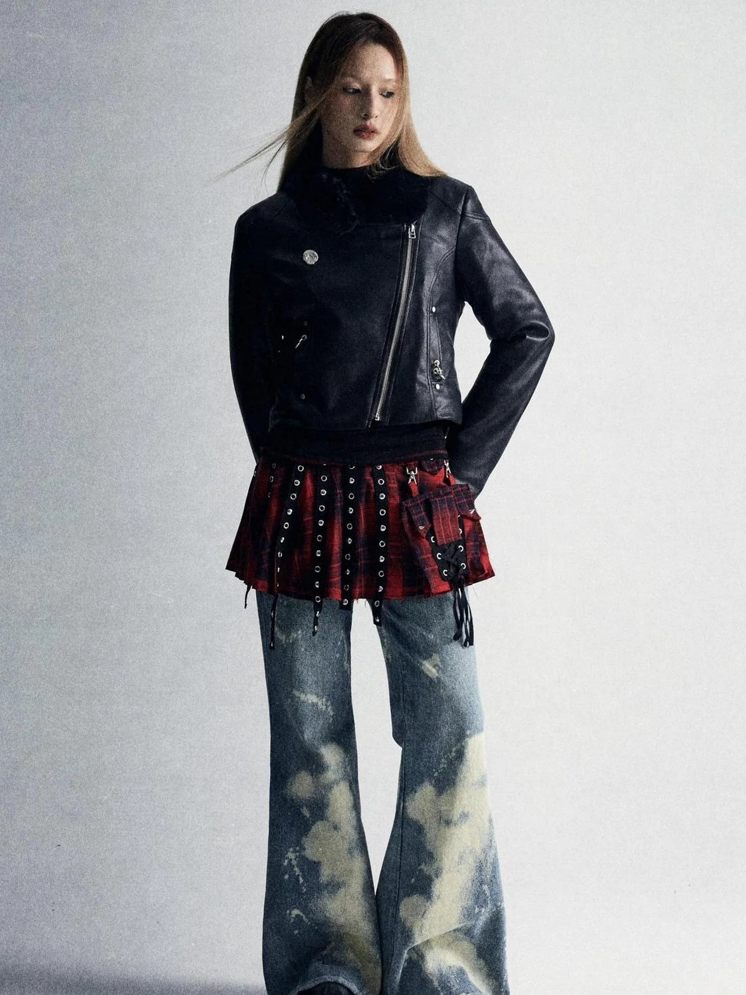 Durable Two Tone Perforated Leather Jacket With Detachable Fur Collar