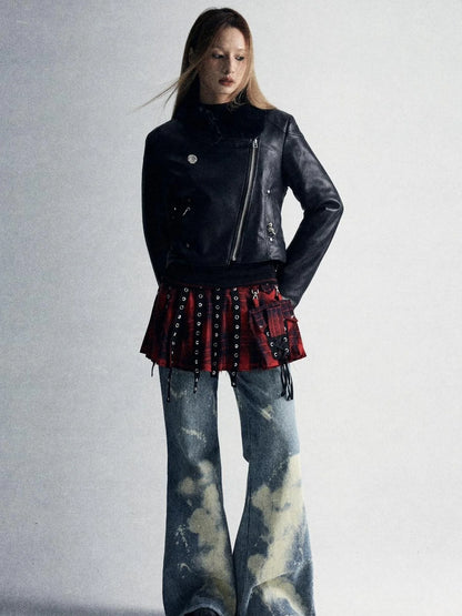 Durable Two Tone Perforated Leather Jacket With Detachable Fur Collar
