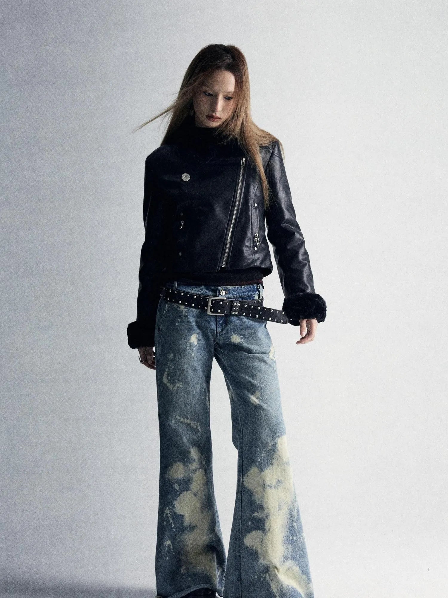 Durable Two Tone Perforated Leather Jacket With Detachable Fur Collar