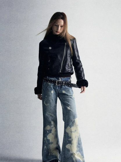 Durable Two Tone Perforated Leather Jacket With Detachable Fur Collar