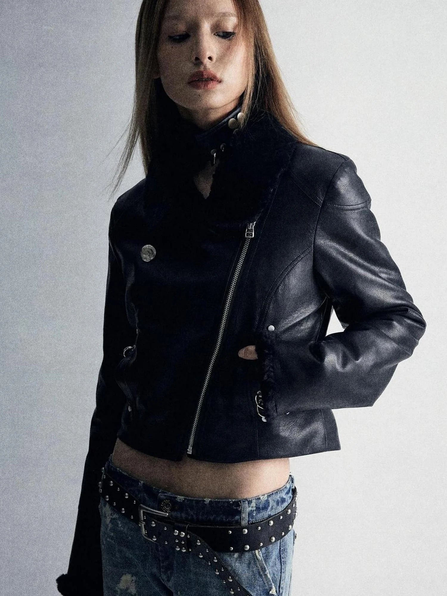 Durable Two Tone Perforated Leather Jacket With Detachable Fur Collar