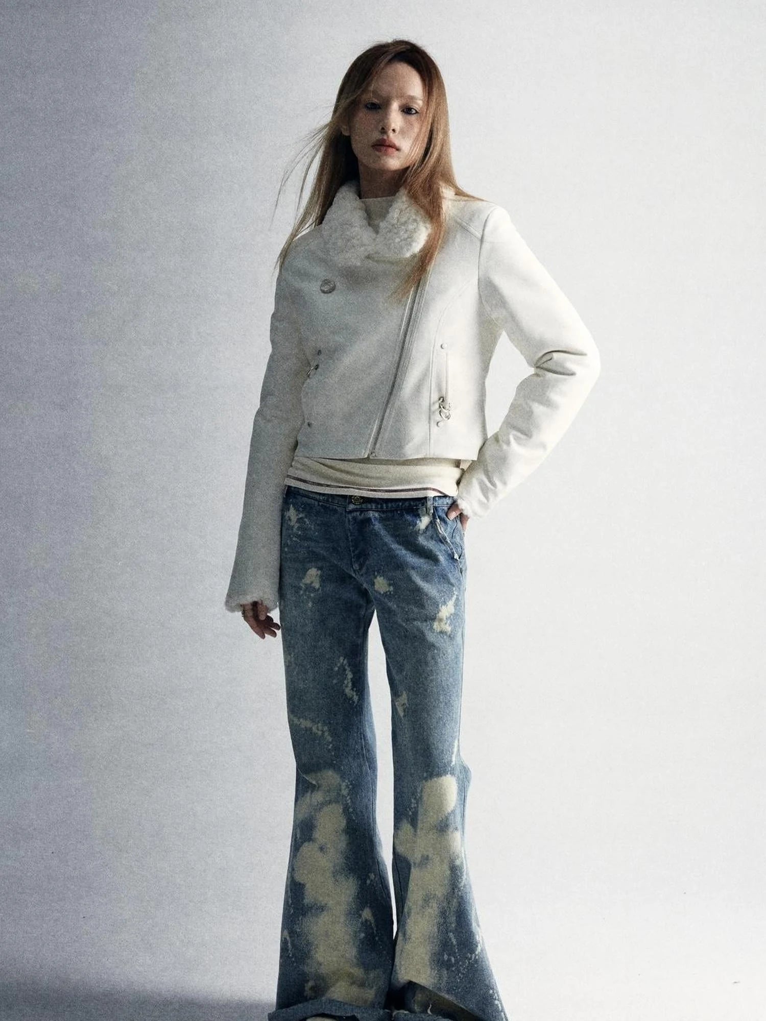 Durable Two Tone Perforated Leather Jacket With Detachable Fur Collar