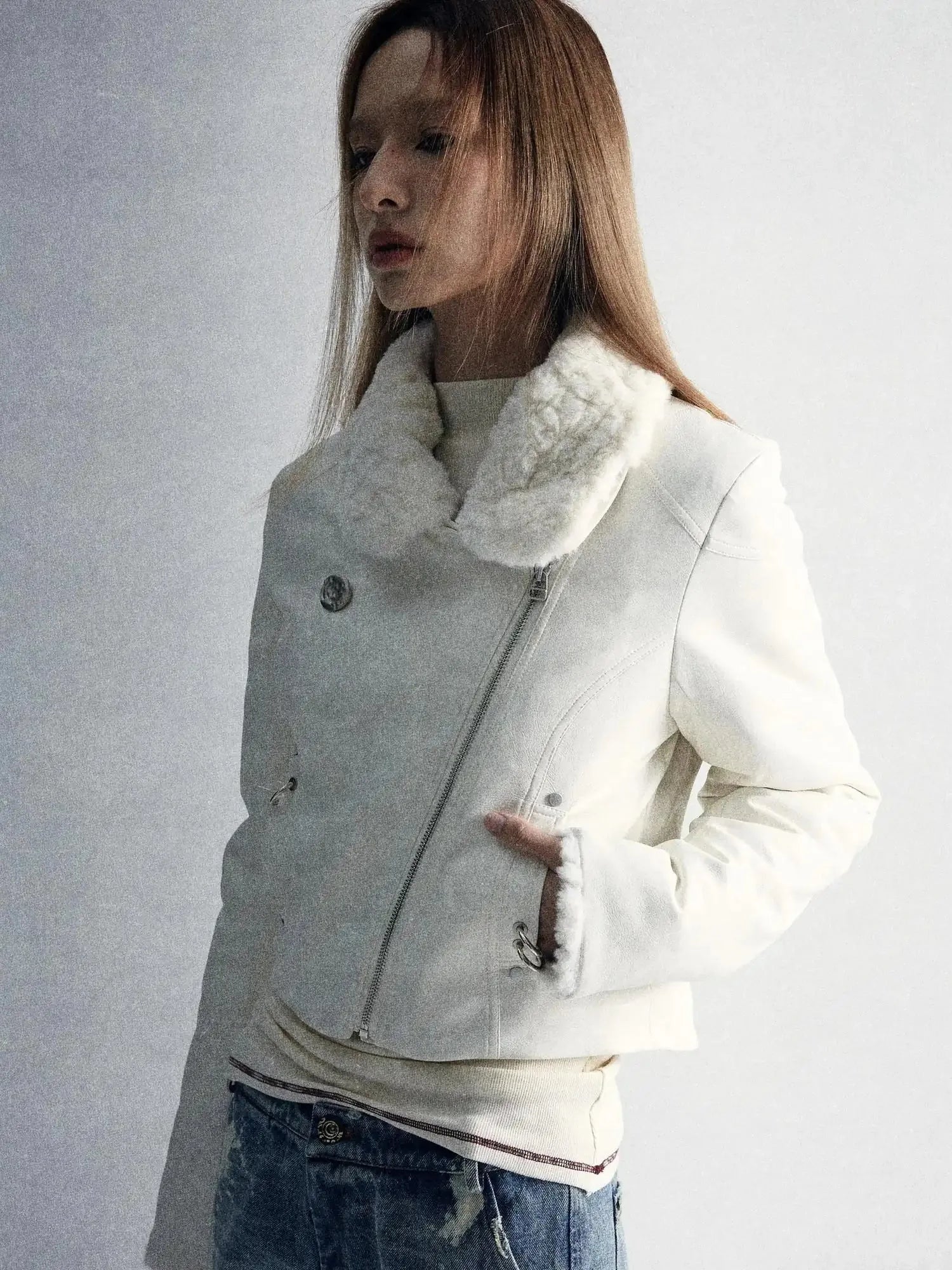 Durable Two Tone Perforated Leather Jacket With Detachable Fur Collar