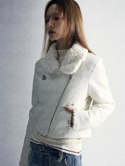 Durable Two Tone Perforated Leather Jacket With Detachable Fur Collar