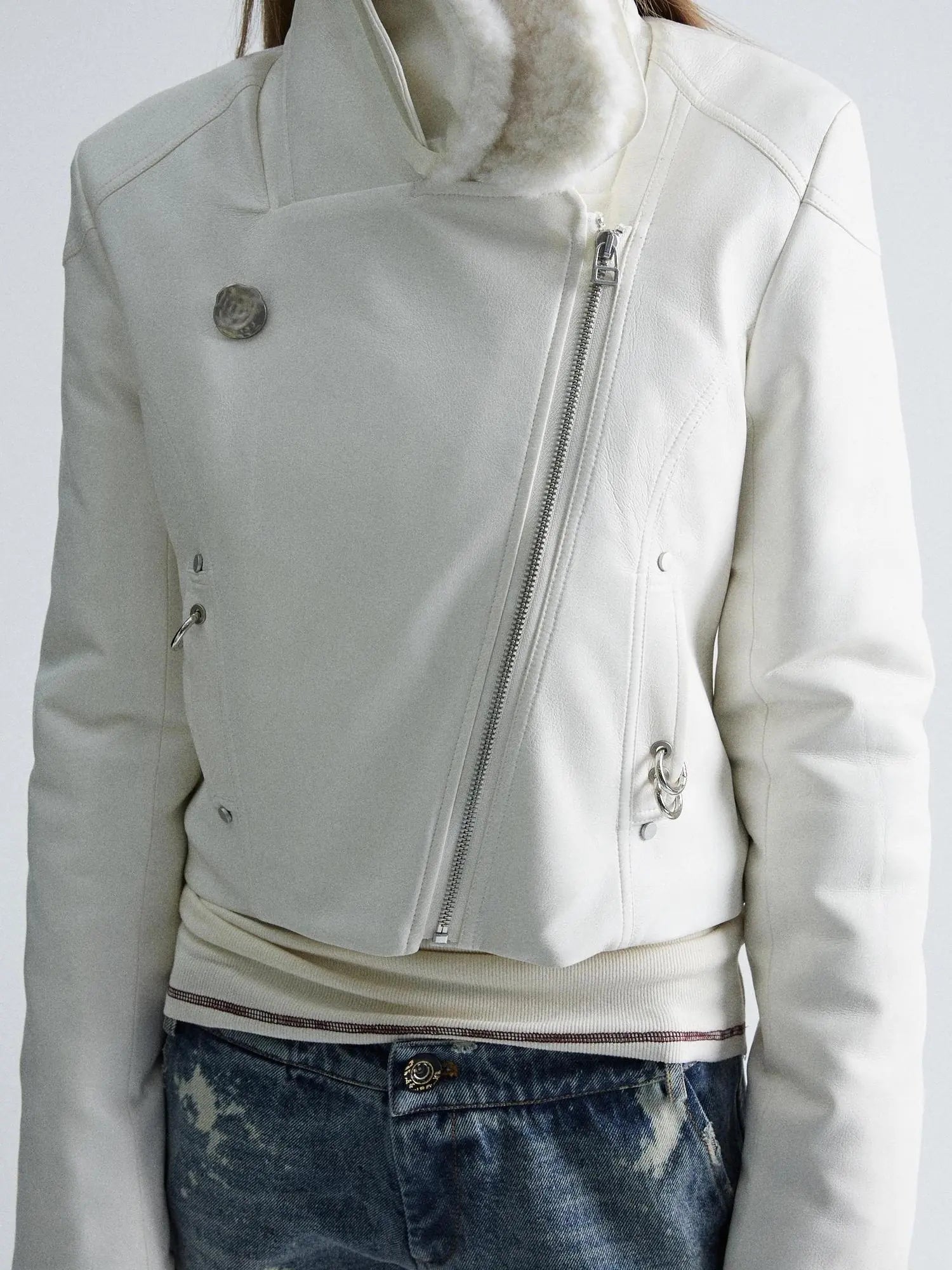 Durable Two Tone Perforated Leather Jacket With Detachable Fur Collar