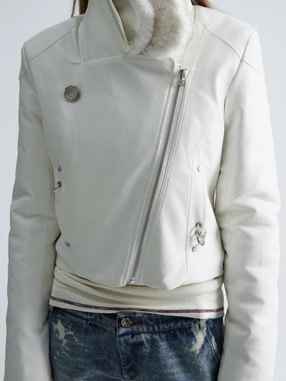 Durable Two Tone Perforated Leather Jacket With Detachable Fur Collar