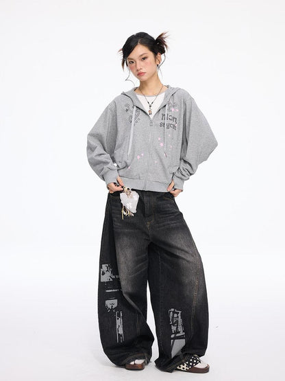 MOMSYCAN FOX LINE Early Autumn Loose Batwing Sleeve Printed Hooded Sweatshirt