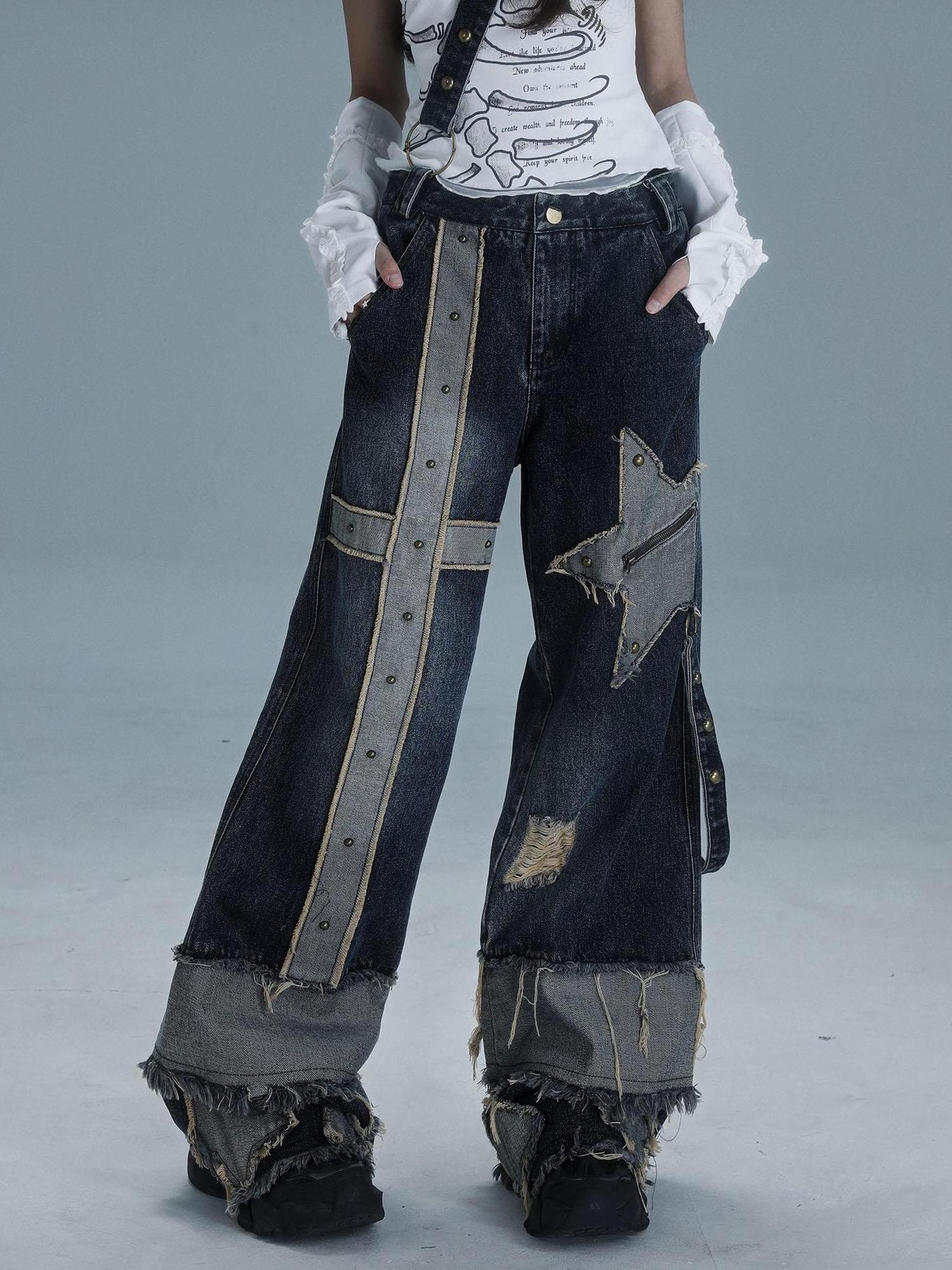 WSW WUSHENWU Echo Headphone Denim Low Rise Wide Leg Washed Jeans With Studs