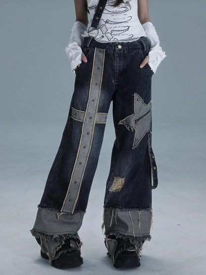 Echo Headphone Denim Low Rise Wide Leg Washed Jeans With Studs