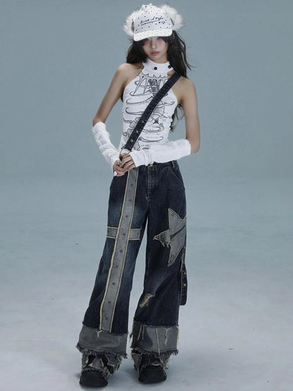 Echo Headphone Denim Low Rise Wide Leg Washed Jeans With Studs