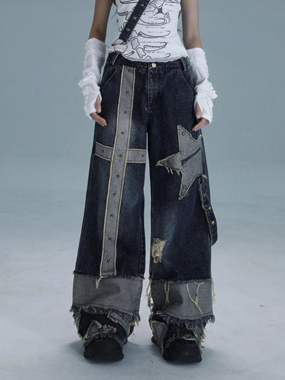 Echo Headphone Denim Low Rise Wide Leg Washed Jeans With Studs