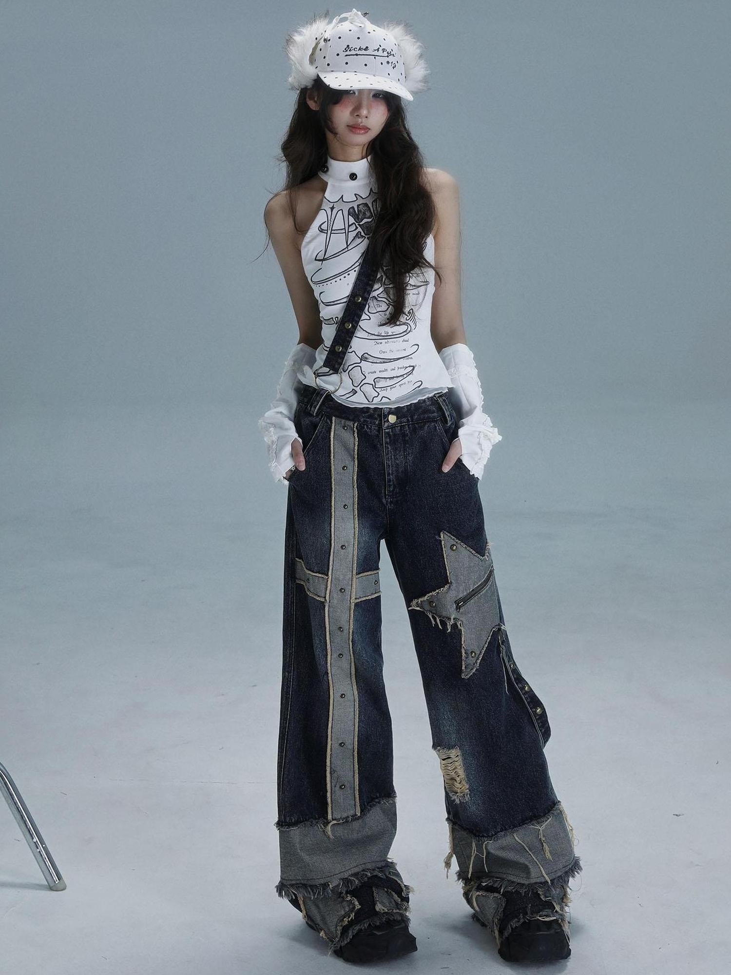 WSW WUSHENWU Echo Headphone Denim Low Rise Wide Leg Washed Jeans With Studs