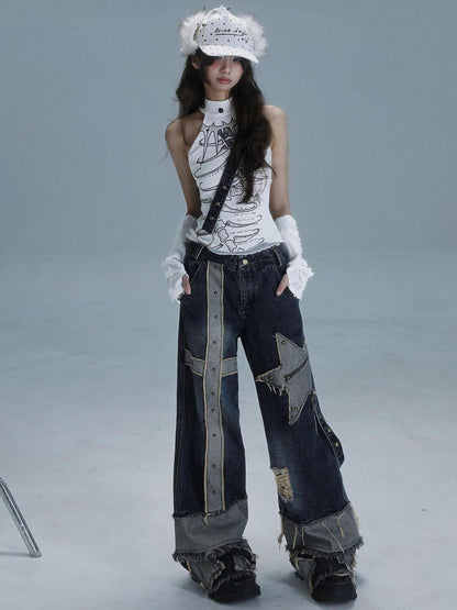 WSW WUSHENWU Echo Headphone Denim Low Rise Wide Leg Washed Jeans With Studs