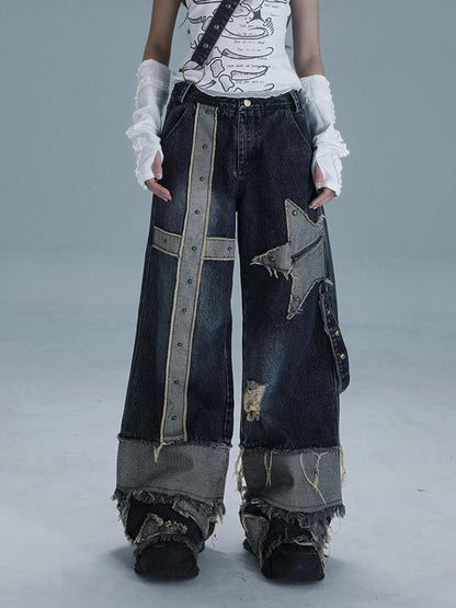 WSW WUSHENWU Echo Headphone Denim Low Rise Wide Leg Washed Jeans With Studs