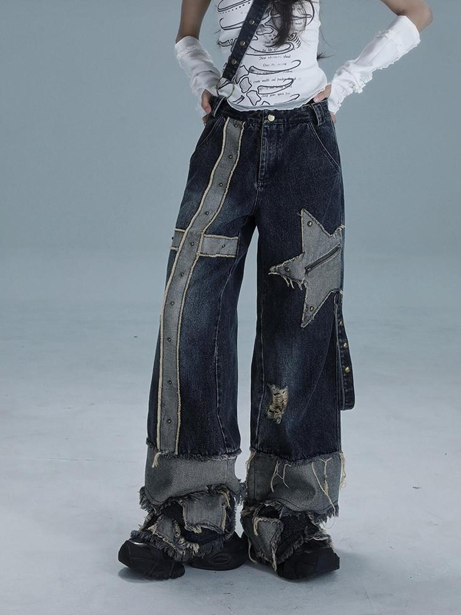 WSW WUSHENWU Echo Headphone Denim Low Rise Wide Leg Washed Jeans With Studs