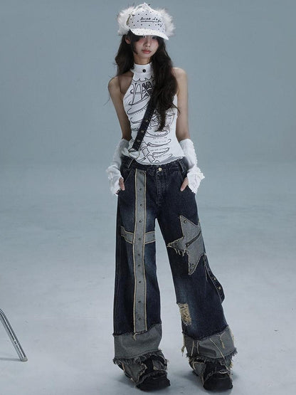 WSW WUSHENWU Echo Headphone Denim Low Rise Wide Leg Washed Jeans With Studs