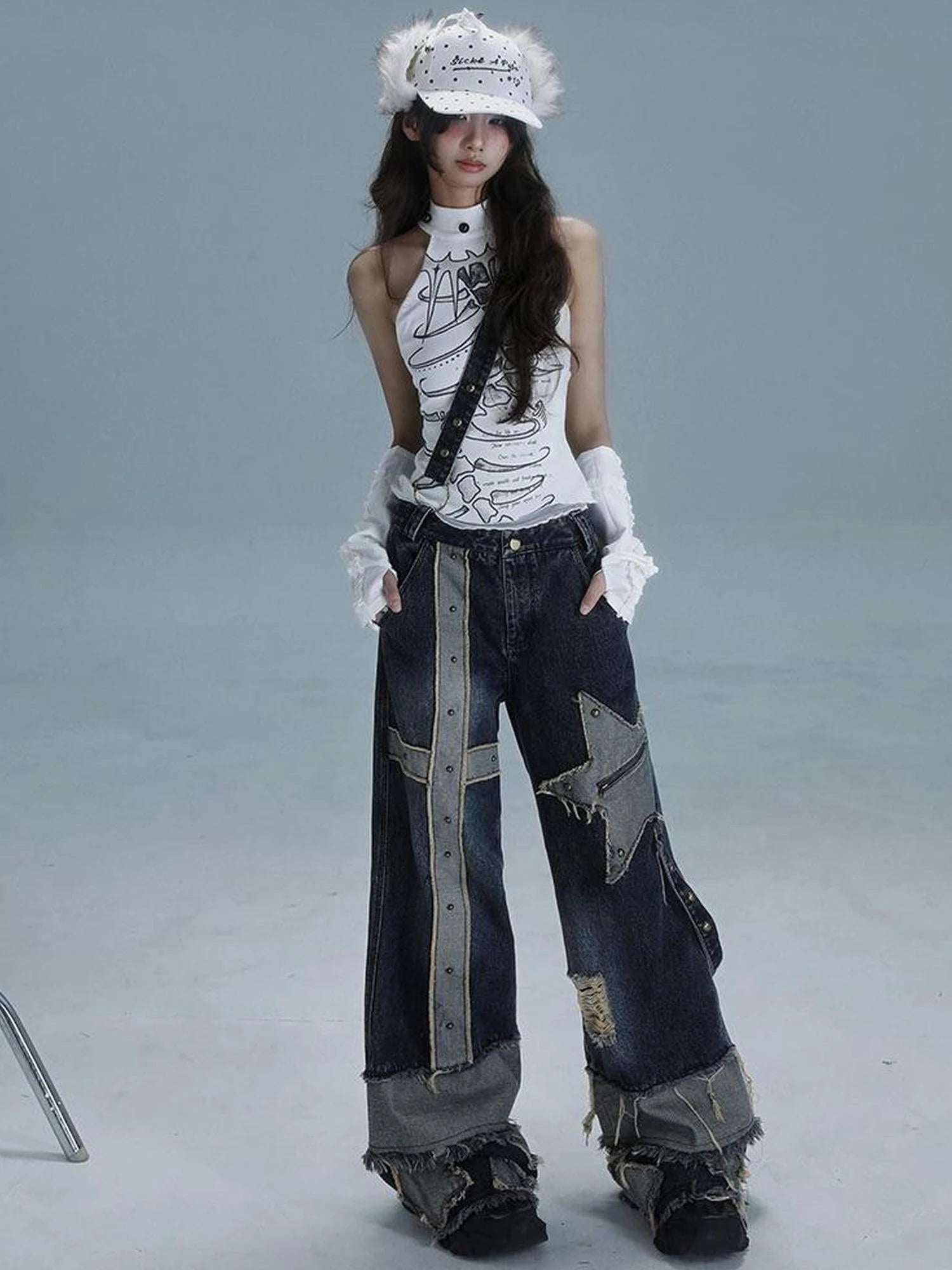 Echo Headphone Denim Low Rise Wide Leg Washed Jeans With Studs