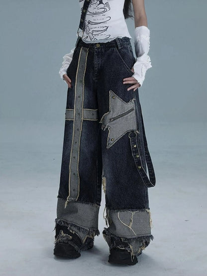 Echo Headphone Denim Low Rise Wide Leg Washed Jeans With Studs