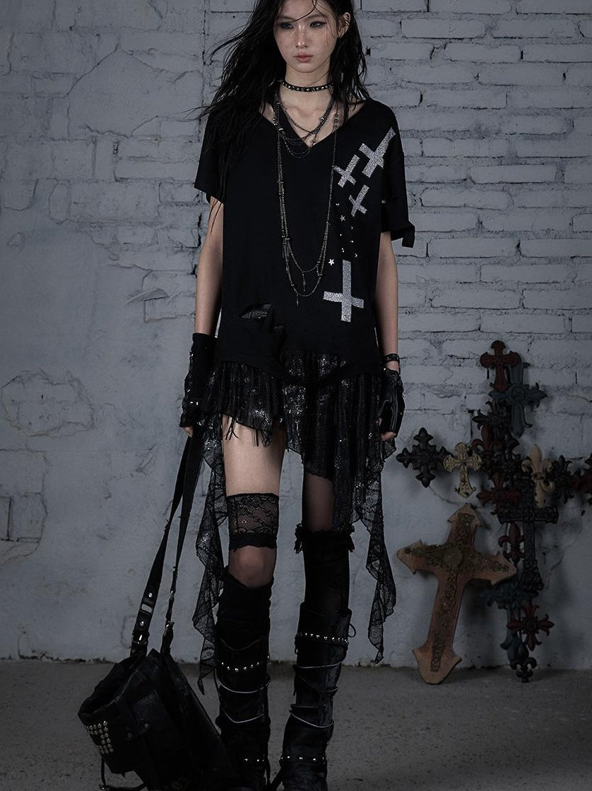 Edgy Punk Rock Distressed Lace Trim Asym Hem Loose T-shirt