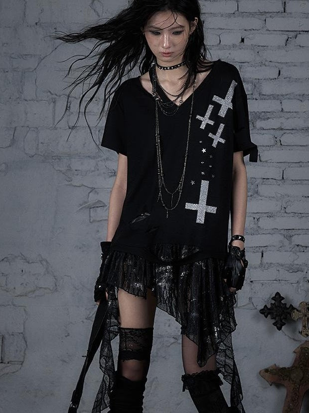 Edgy Punk Rock Distressed Lace Trim Asym Hem Loose T-shirt