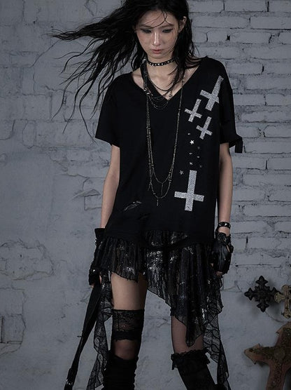 Edgy Punk Rock Distressed Lace Trim Asym Hem Loose T-shirt