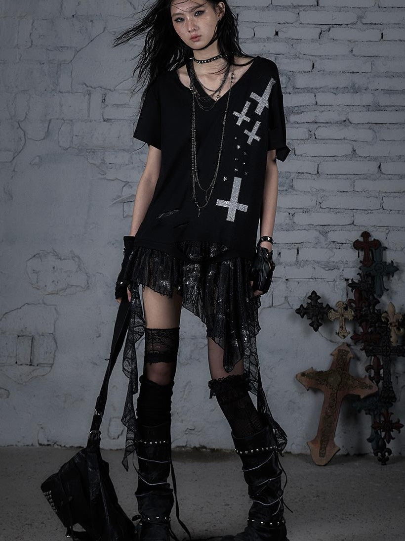 Edgy Punk Rock Distressed Lace Trim Asym Hem Loose T-shirt