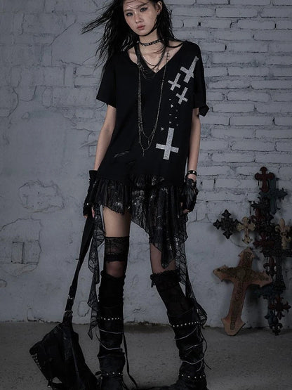 Edgy Punk Rock Distressed Lace Trim Asym Hem Loose T-Shirt