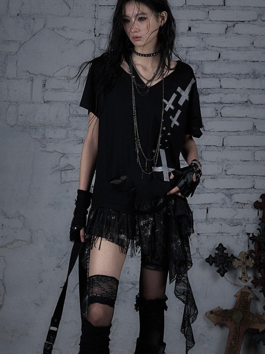 Edgy Punk Rock Distressed Lace Trim Asym Hem Loose T-shirt