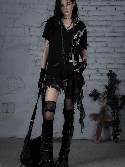 Edgy Punk Rock Distressed Lace Trim Asym Hem Loose T-shirt