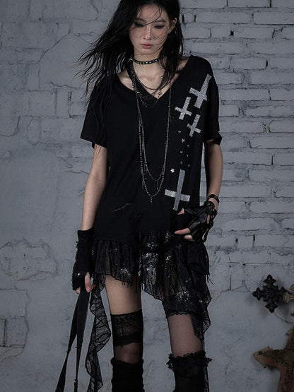 Edgy Punk Rock Distressed Lace Trim Asym Hem Loose T-shirt