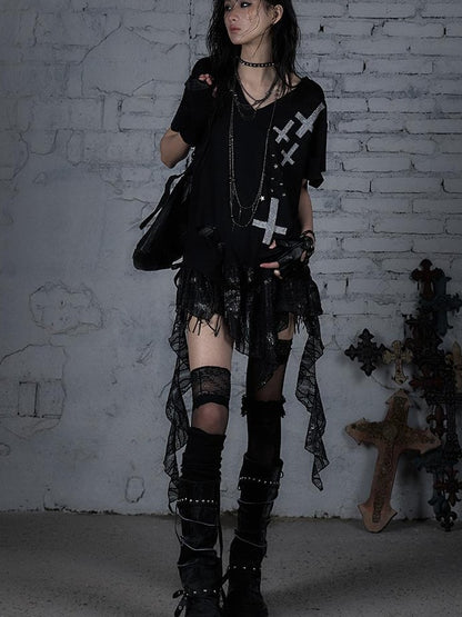 Edgy Punk Rock Distressed Lace Trim Asym Hem Loose T-shirt