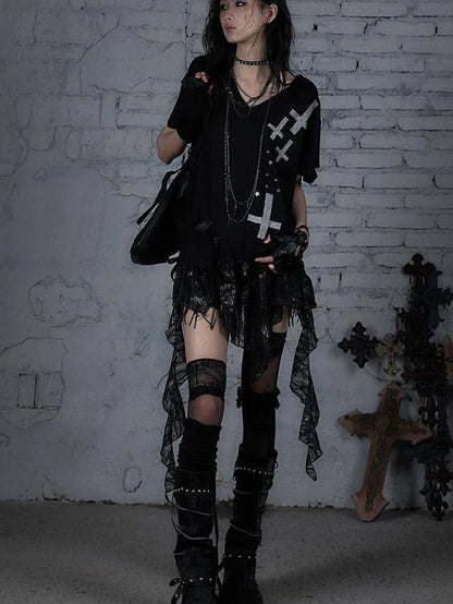 Edgy Punk Rock Distressed Lace Trim Asym Hem Loose T-Shirt