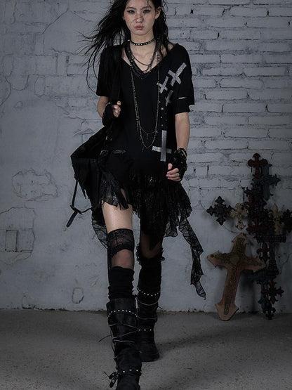 Edgy Punk Rock Distressed Lace Trim Asym Hem Loose T-shirt