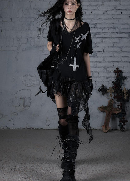 Edgy Punk Rock Distressed Lace Trim Asym Hem Loose T-shirt