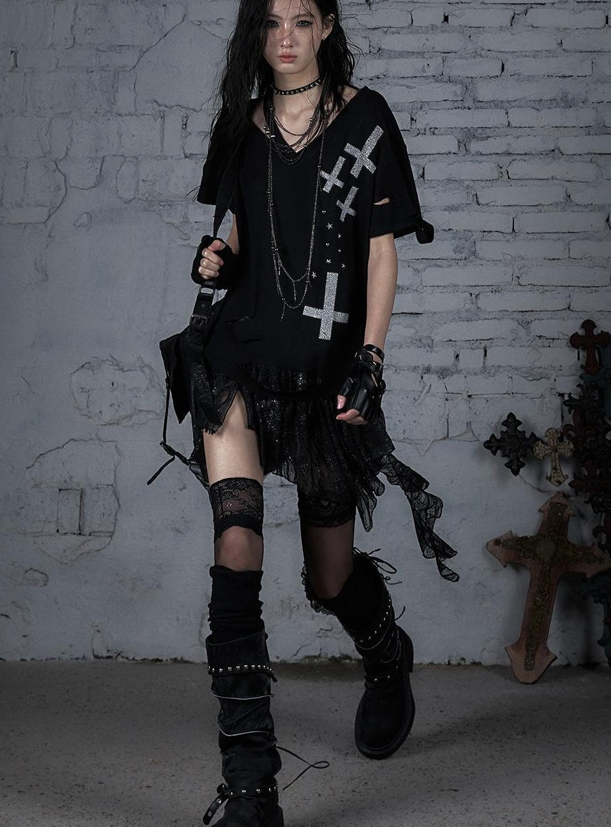 Edgy Punk Rock Distressed Lace Trim Asym Hem Loose T-shirt