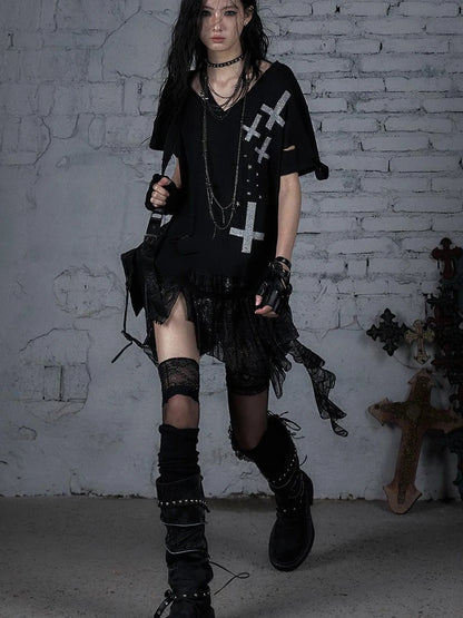 Edgy Punk Rock Distressed Lace Trim Asym Hem Loose T-Shirt
