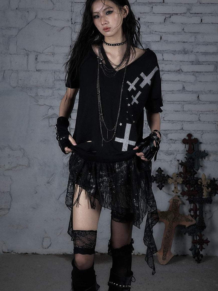 Edgy Punk Rock Distressed Lace Trim Asym Hem Loose T-shirt