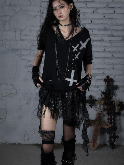 Edgy Punk Rock Distressed Lace Trim Asym Hem Loose T-shirt