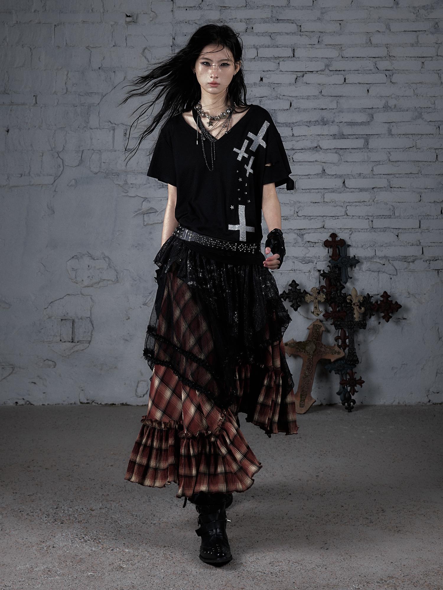 Edgy Punk Rock Distressed Lace Trim Asym Hem Loose T-shirt