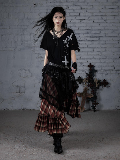 Edgy Punk Rock Distressed Lace Trim Asym Hem Loose T-shirt