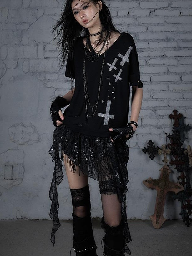 Edgy Punk Rock Distressed Lace Trim Asym Hem Loose T-shirt
