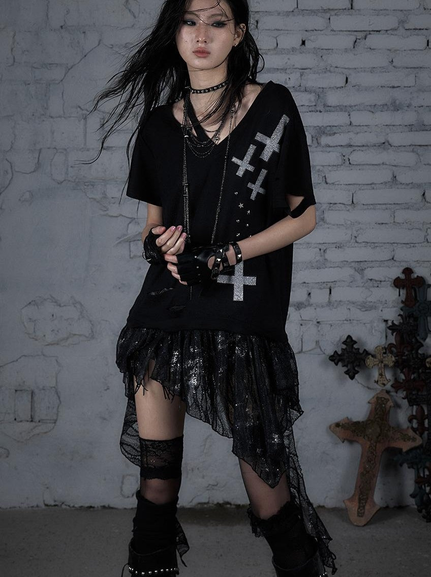 Edgy Punk Rock Distressed Lace Trim Asym Hem Loose T-shirt