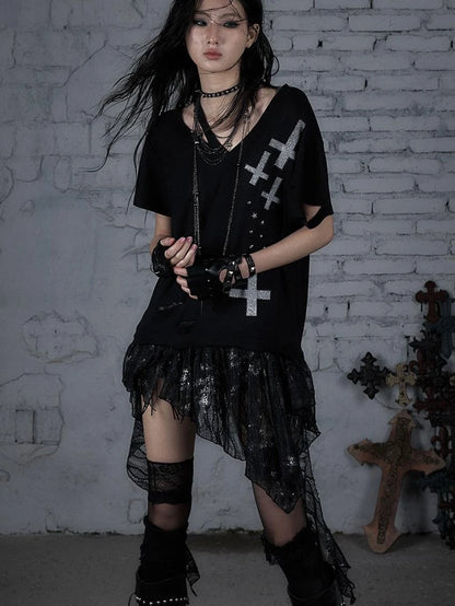 Edgy Punk Rock Distressed Lace Trim Asym Hem Loose T-Shirt