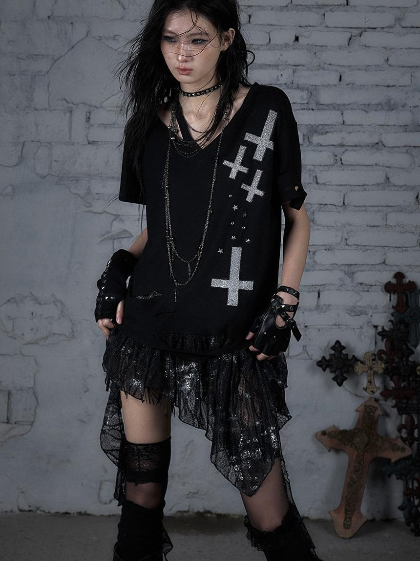 Edgy Punk Rock Distressed Lace Trim Asym Hem Loose T-shirt