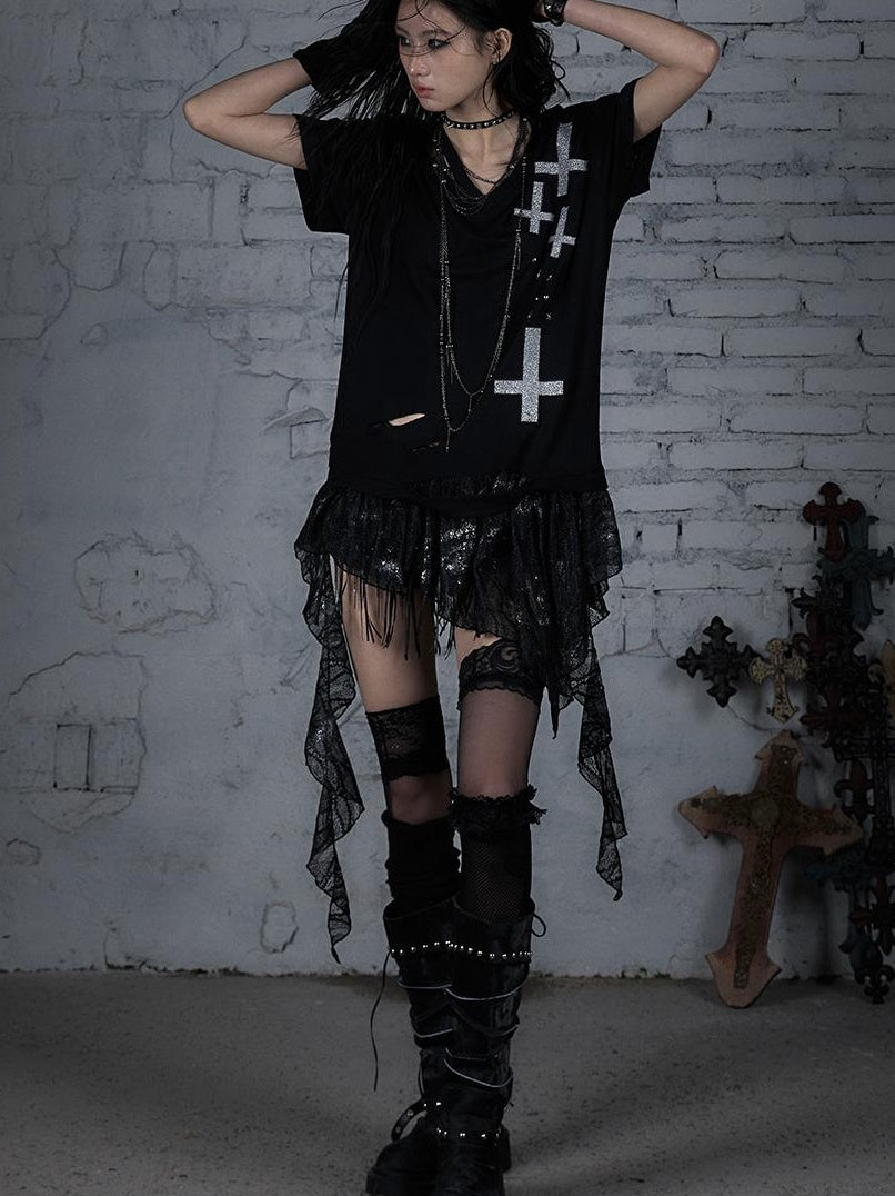 Edgy Punk Rock Distressed Lace Trim Asym Hem Loose T-shirt