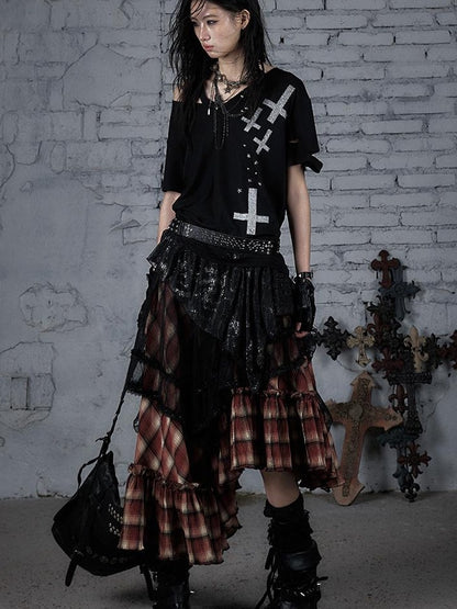 Edgy Punk Rock Distressed Lace Trim Asym Hem Loose T-shirt