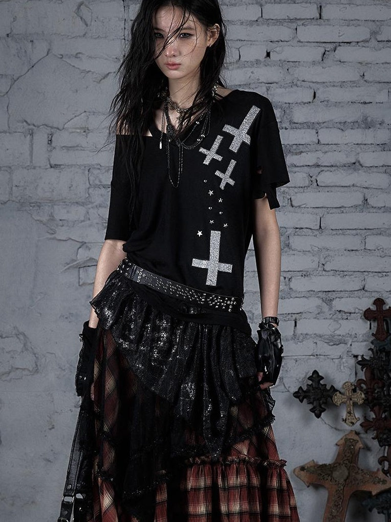 Edgy Punk Rock Distressed Lace Trim Asym Hem Loose T-shirt
